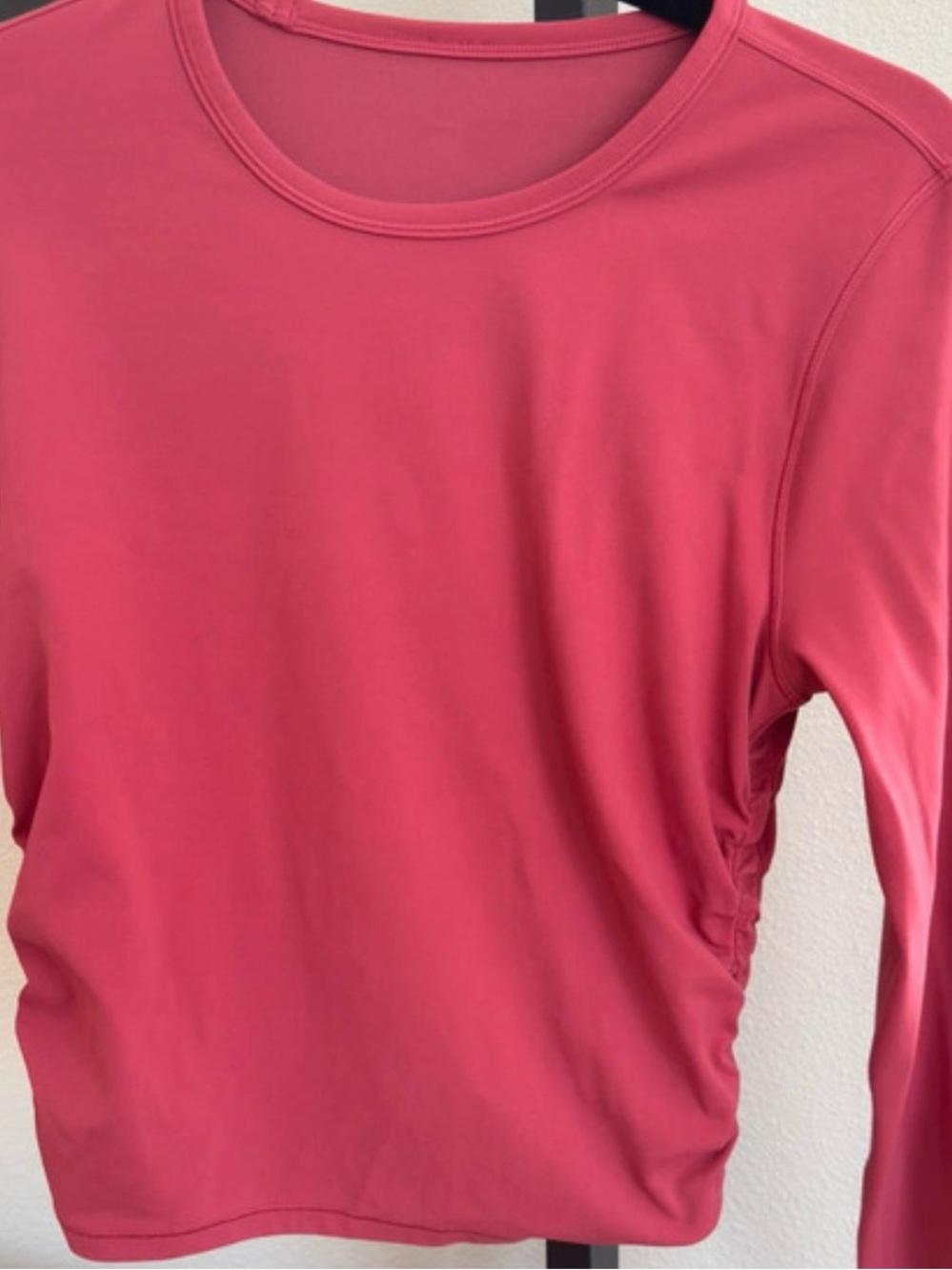 lululemon athletica Coral Pink Long Sleeve Crewneck with Side Ruched Detail